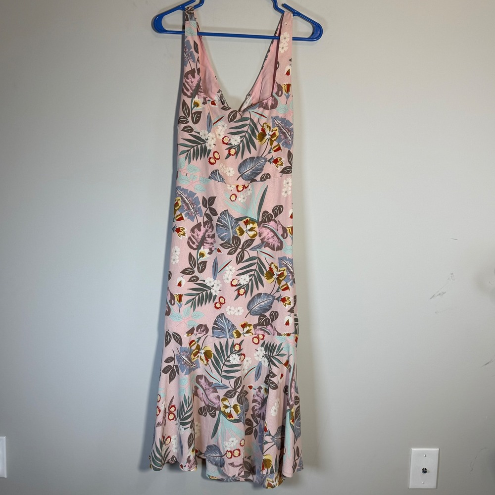 Lulu's Pink Floral Midi Dress with Green & Blue Leaf Print